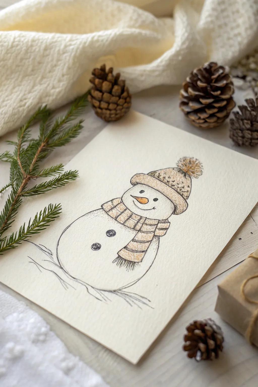 Capture the magic of winter with this charming snowman sketch, a perfect blend of simplicity and handcrafted beauty.