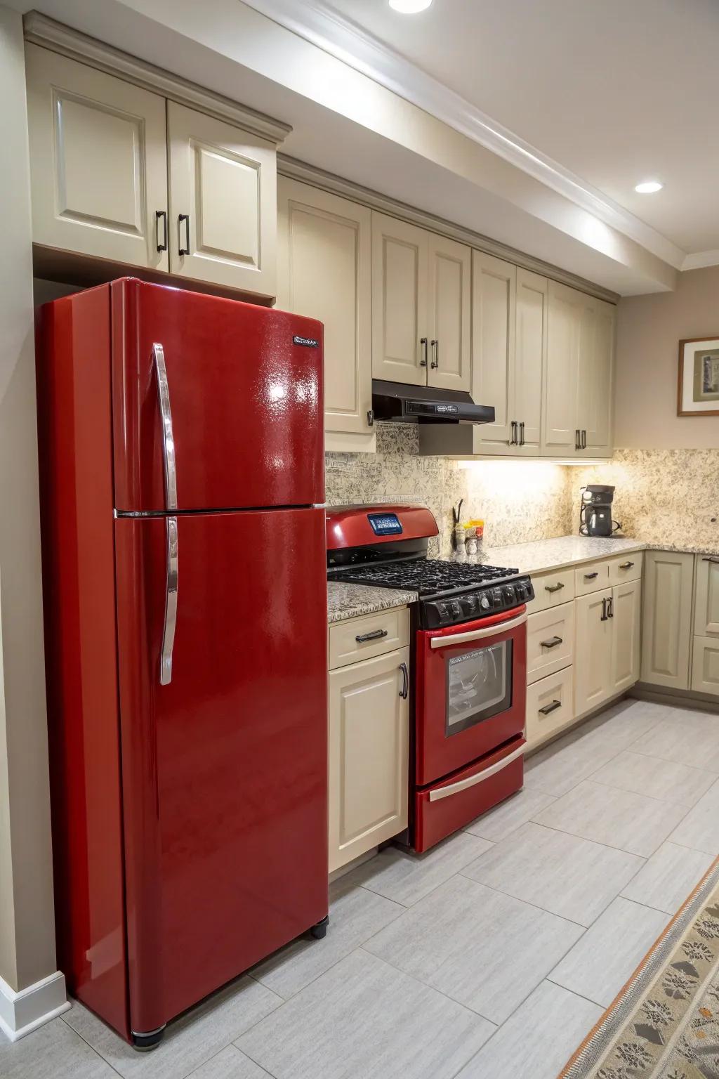 Red appliances serving as both functional and design elements in a kitchen.