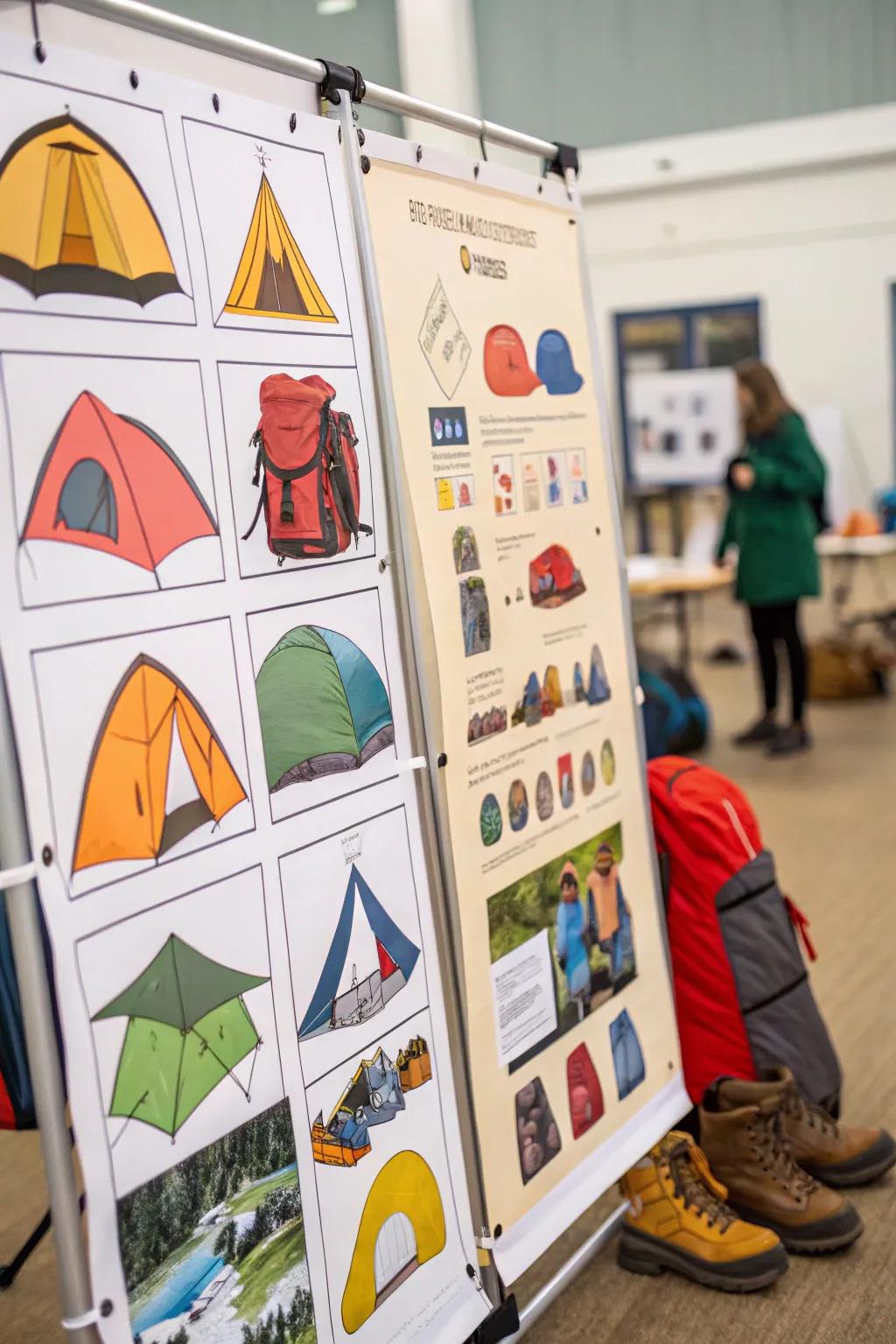 Tents and camping gear illustrations add an adventurous touch.