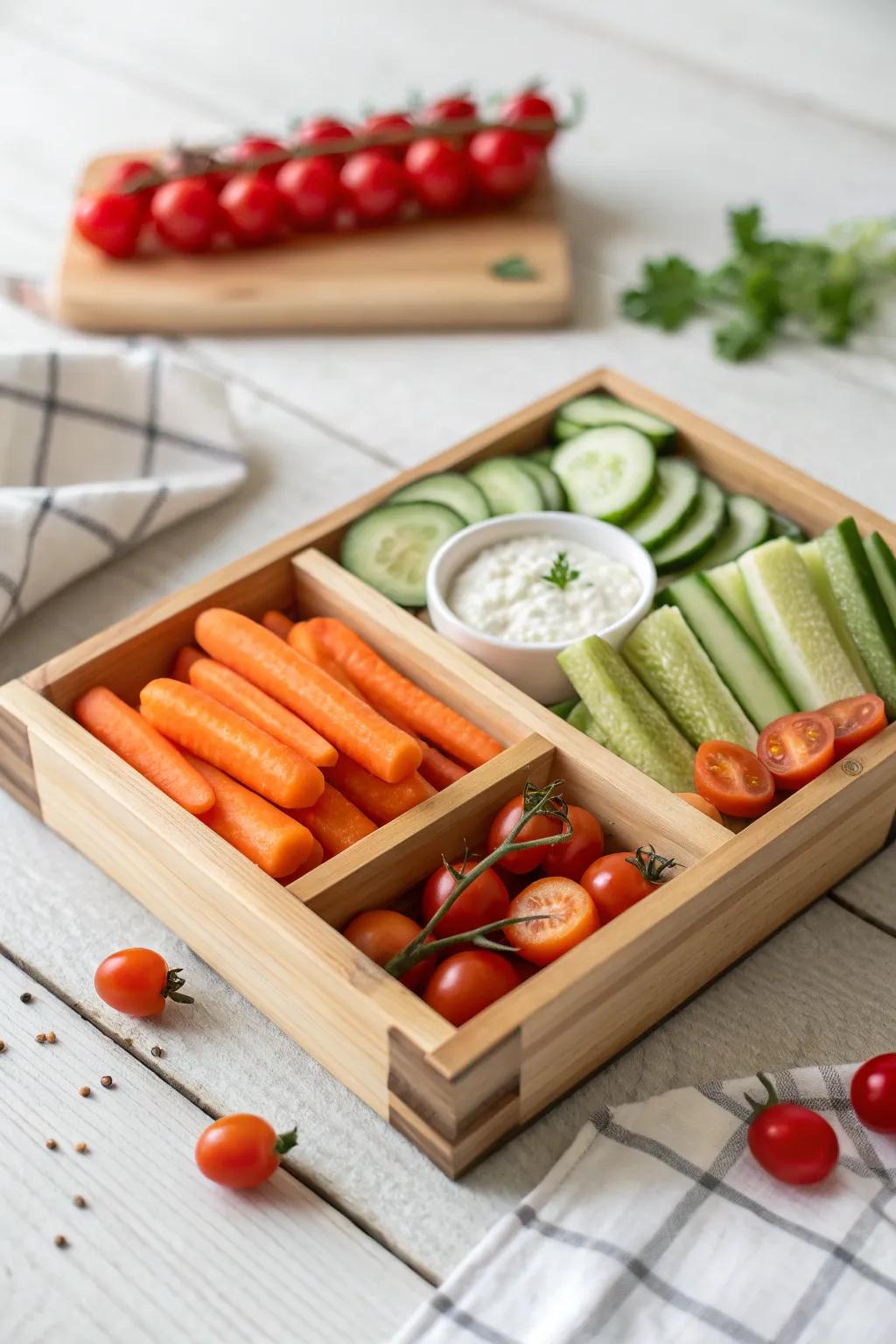 Elevate your snack game with a vibrant veggie medley in a beautifully crafted snackle box. Perfect for a stylish gathering with friends!