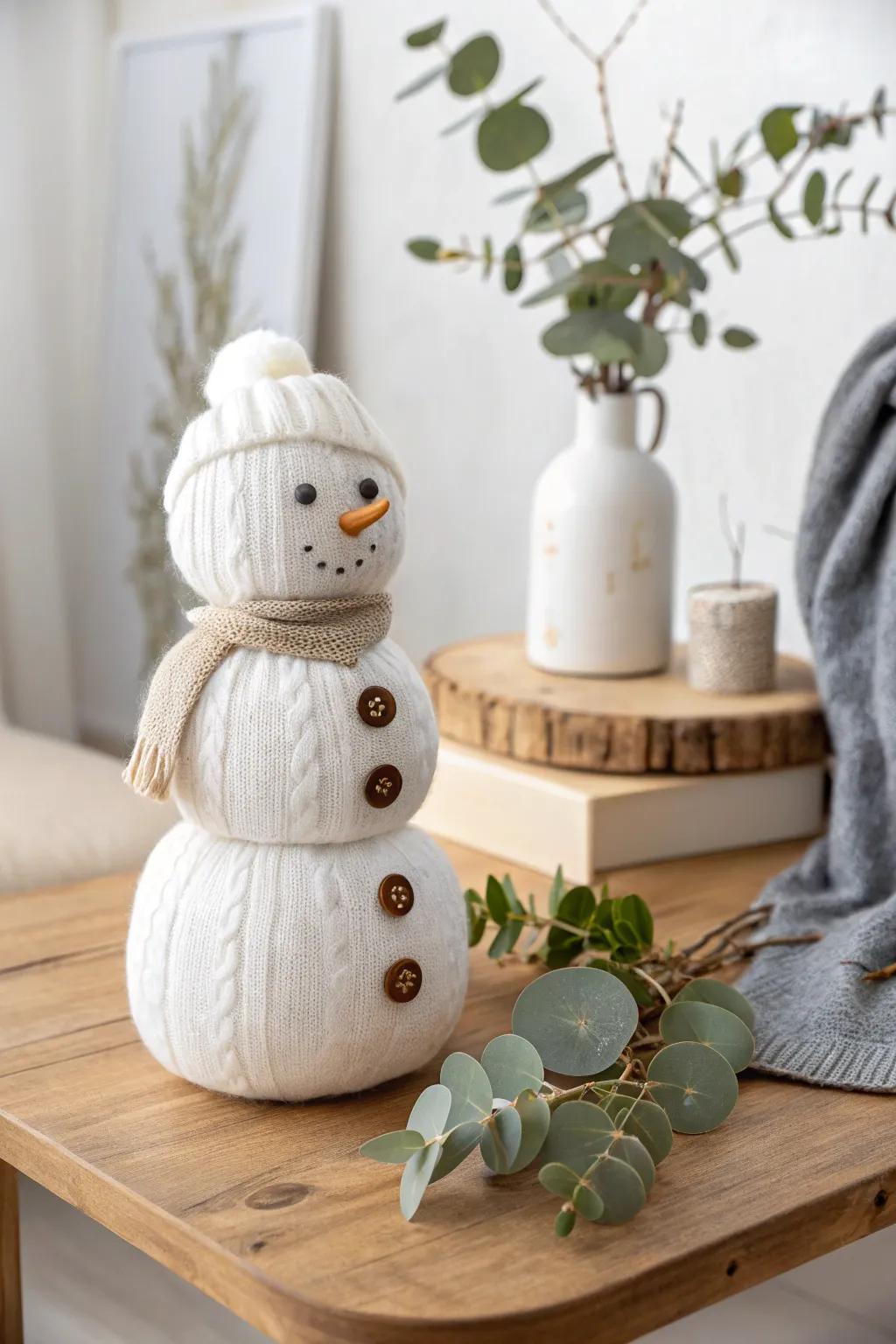 Bring winter indoors with a charming fabric snowman made from cozy, recycled materials. #EcoFriendlyDecor #ScandiBohoStyle