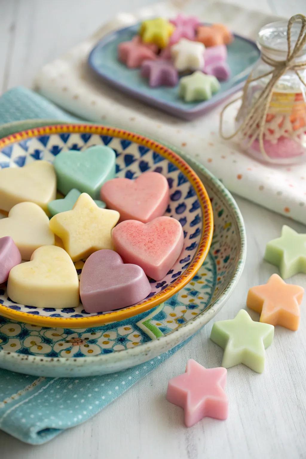 Playful soap shapes like hearts and stars, perfect for adding fun to any space.