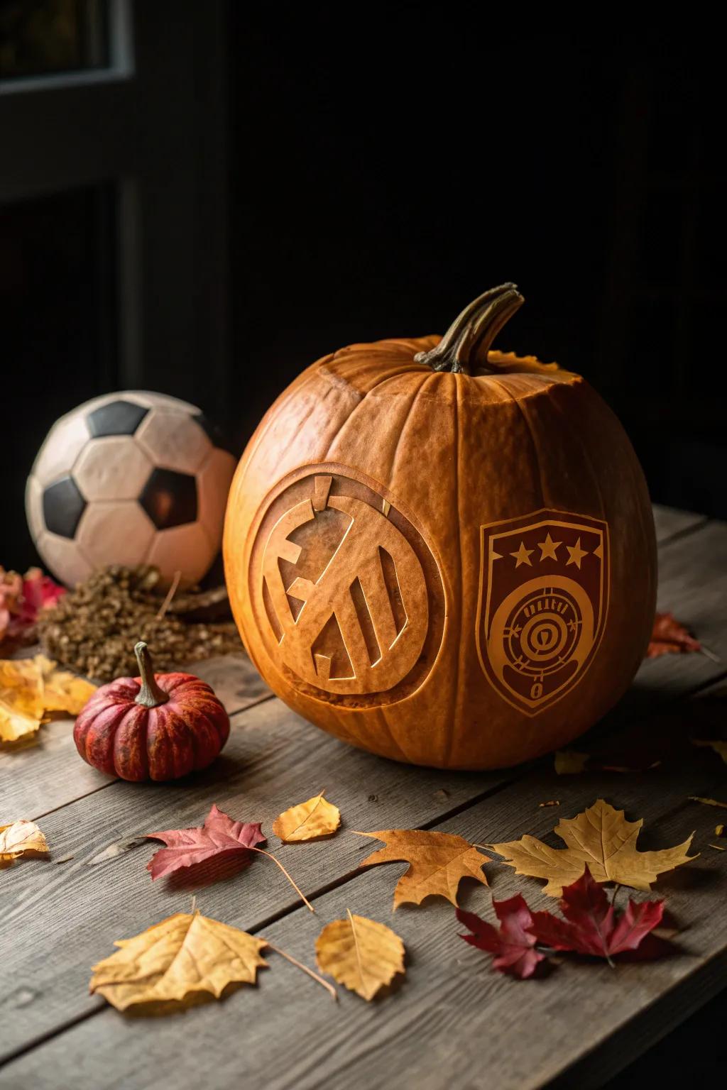 Show your team pride with a stunning soccer ball and team logo pumpkin carving. Perfect for the ultimate fan!