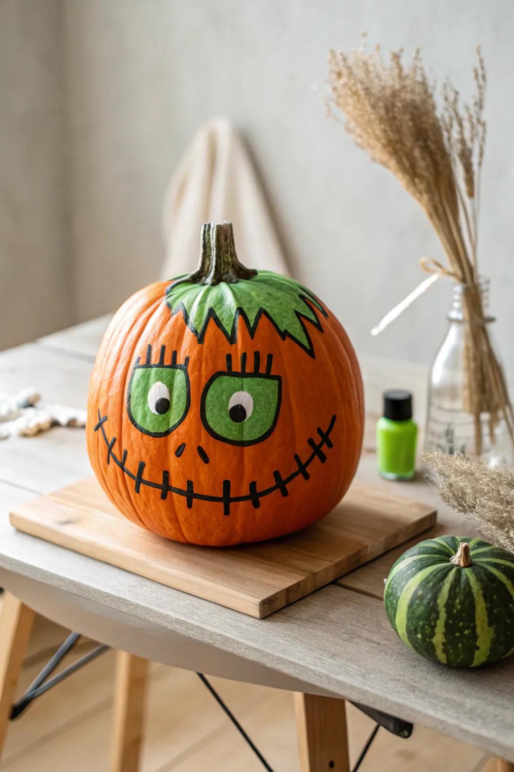 Meet your new Halloween muse: a whimsical Frankenstein pumpkin that marries minimalism with a touch of Boho charm!
