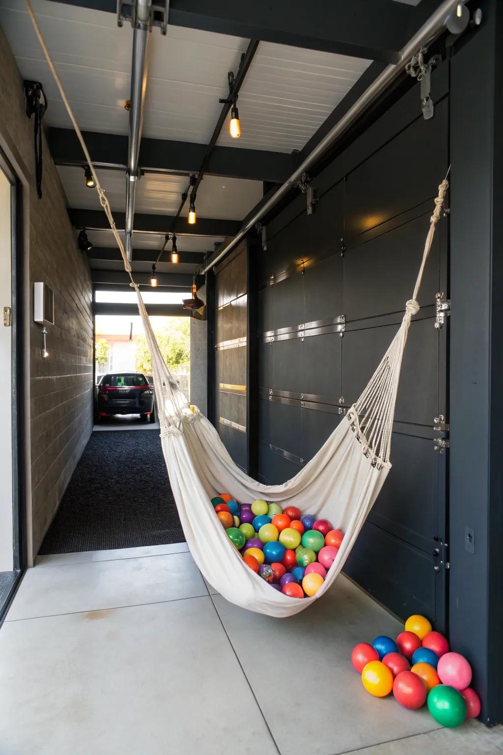 Transform your garage with a playful touch: stylish ball storage with a hammock twist.