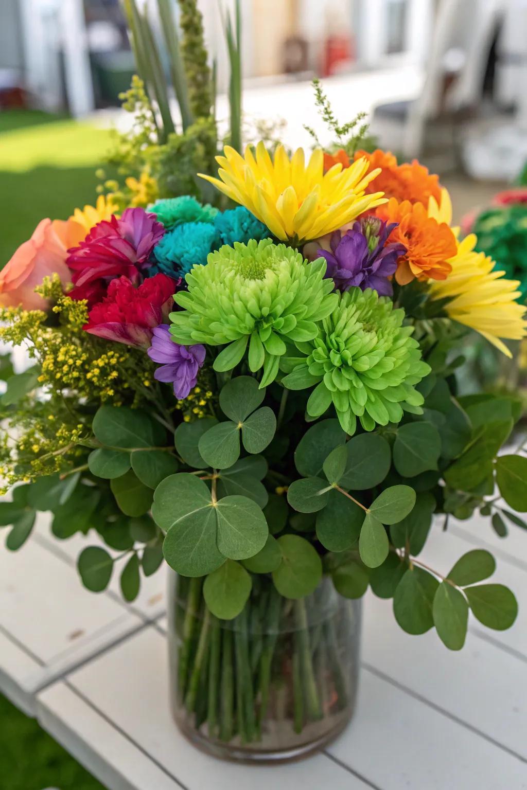 A rainbow floral arrangement is sure to wow your guests.