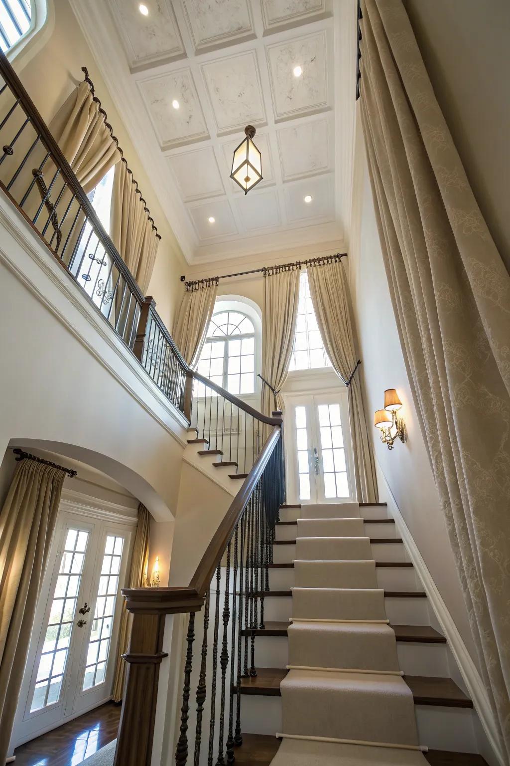 Ceiling-mounted curtains give your stairwell an elevated and sophisticated look.