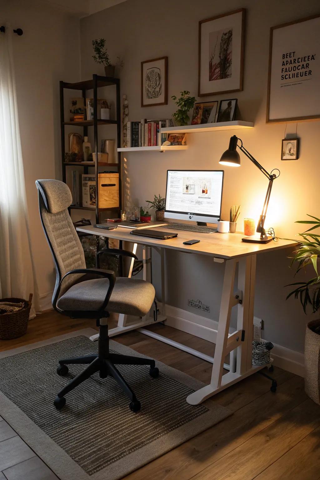 An ergonomic chair complements the standing desk for maximum comfort.