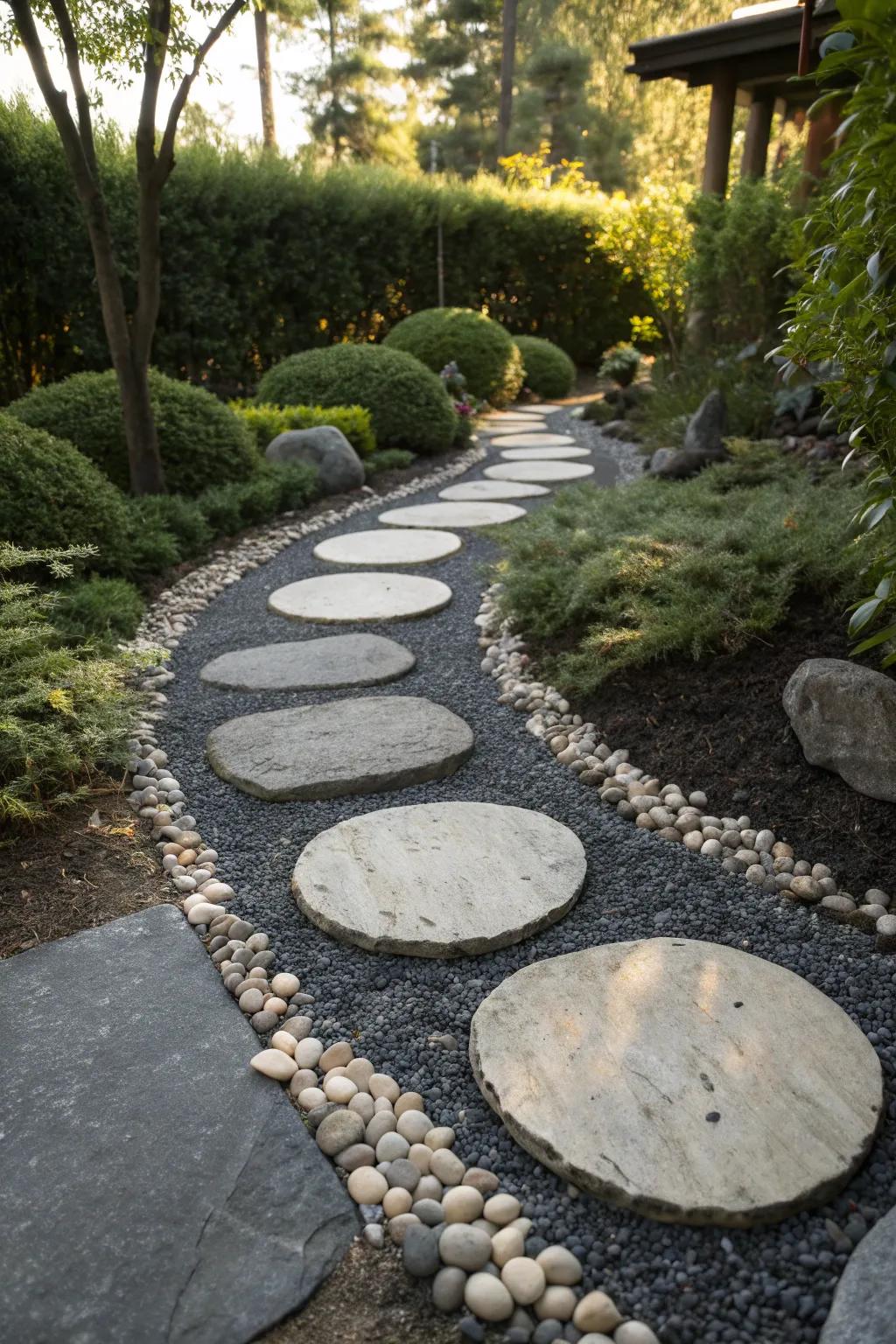 Elevate your garden path with contrasting borders for a chic, minimalist appeal.