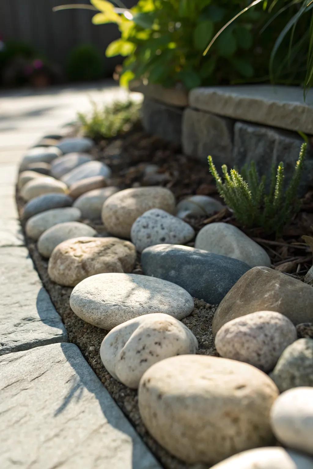 Elevate your garden with a dynamic mix of stone textures for a striking edge.