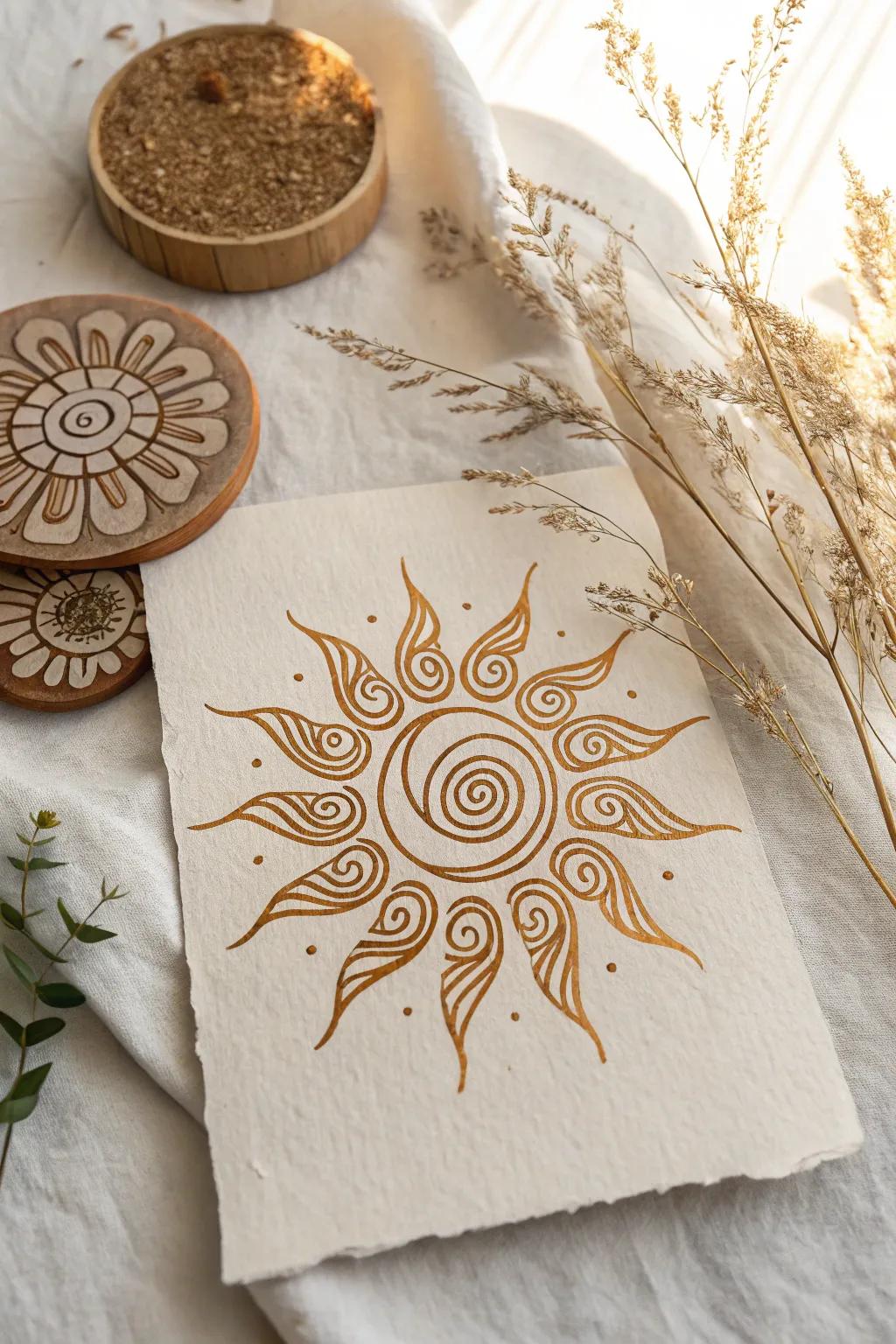 Embrace the whimsy of swirling sun rays in your art, where Scandinavian minimalism meets bohemian charm.