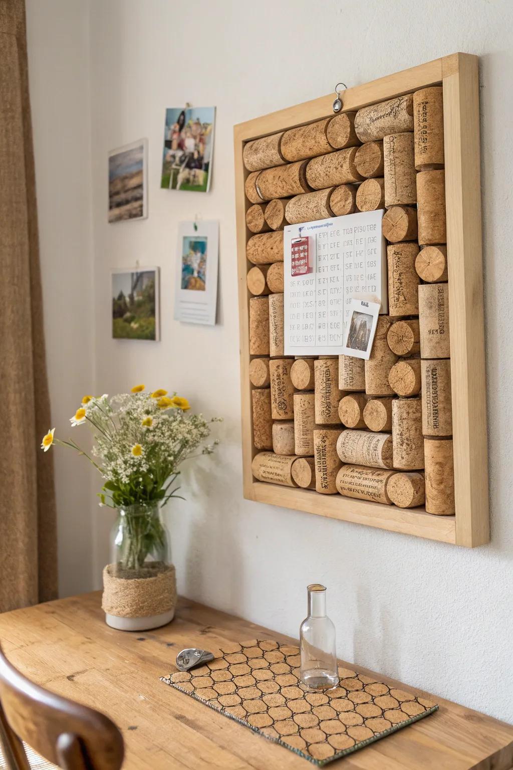 Transform your cork collection into a charming bulletin board that sparks joy and conversation.