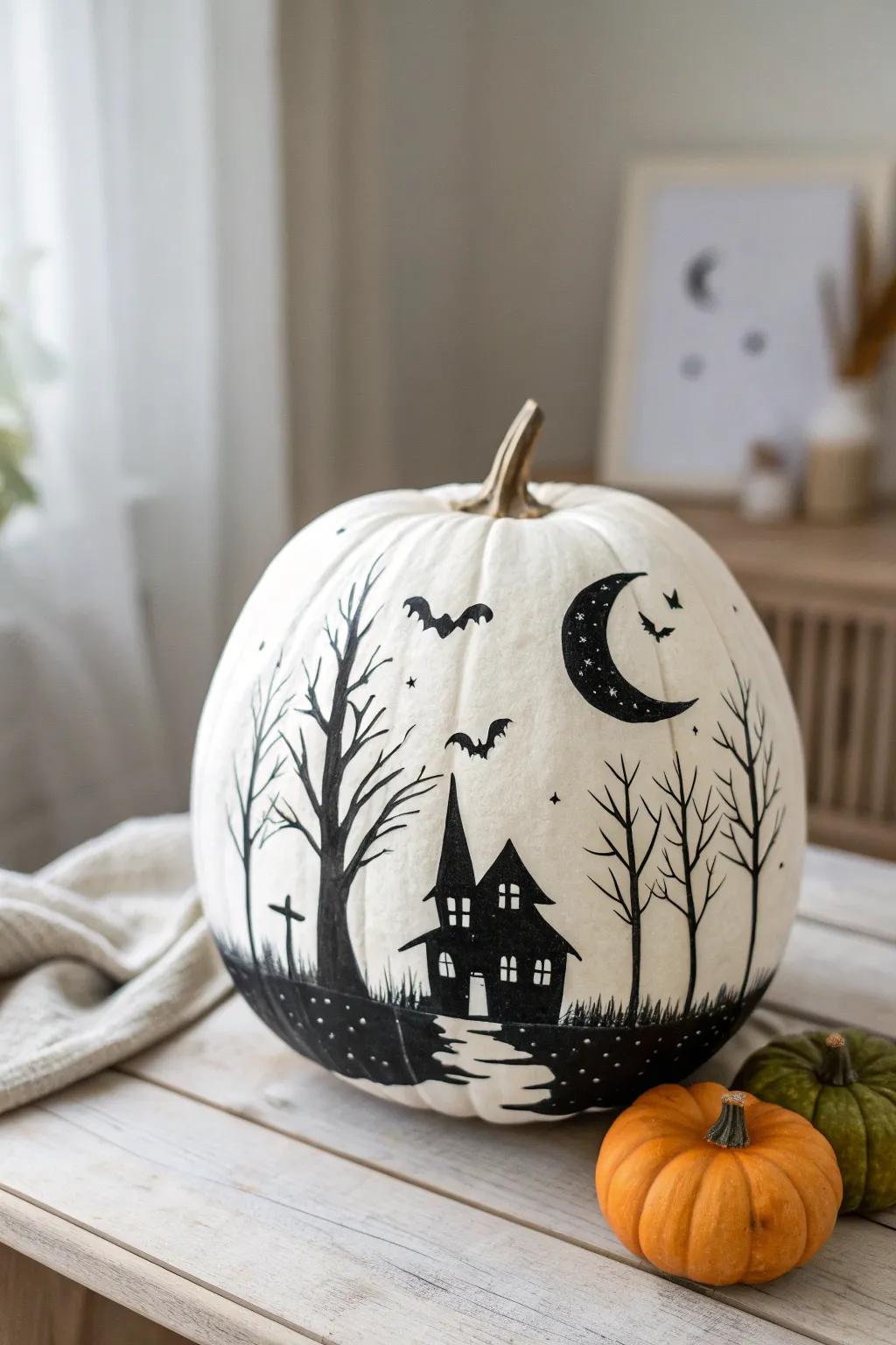 Transform your pumpkin into a hauntingly beautiful Halloween landscape, perfect for a minimalist autumn touch.