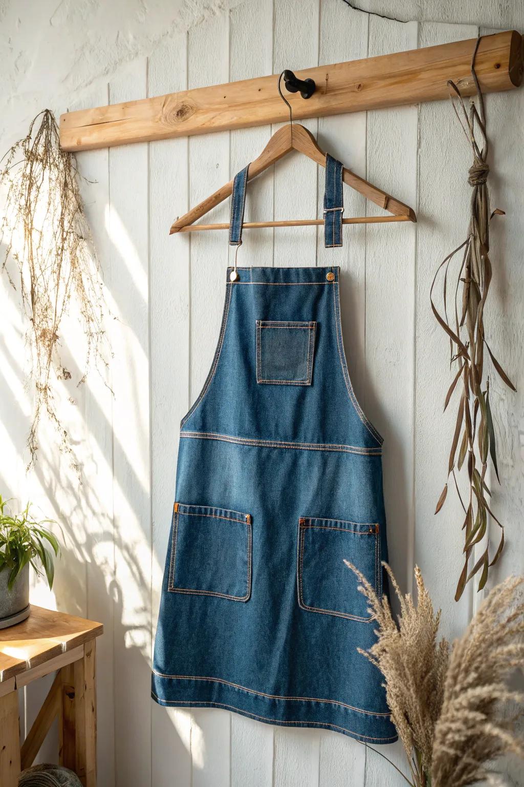 Transform old jeans into chic aprons with rustic charm – perfect for the style-savvy homemaker.