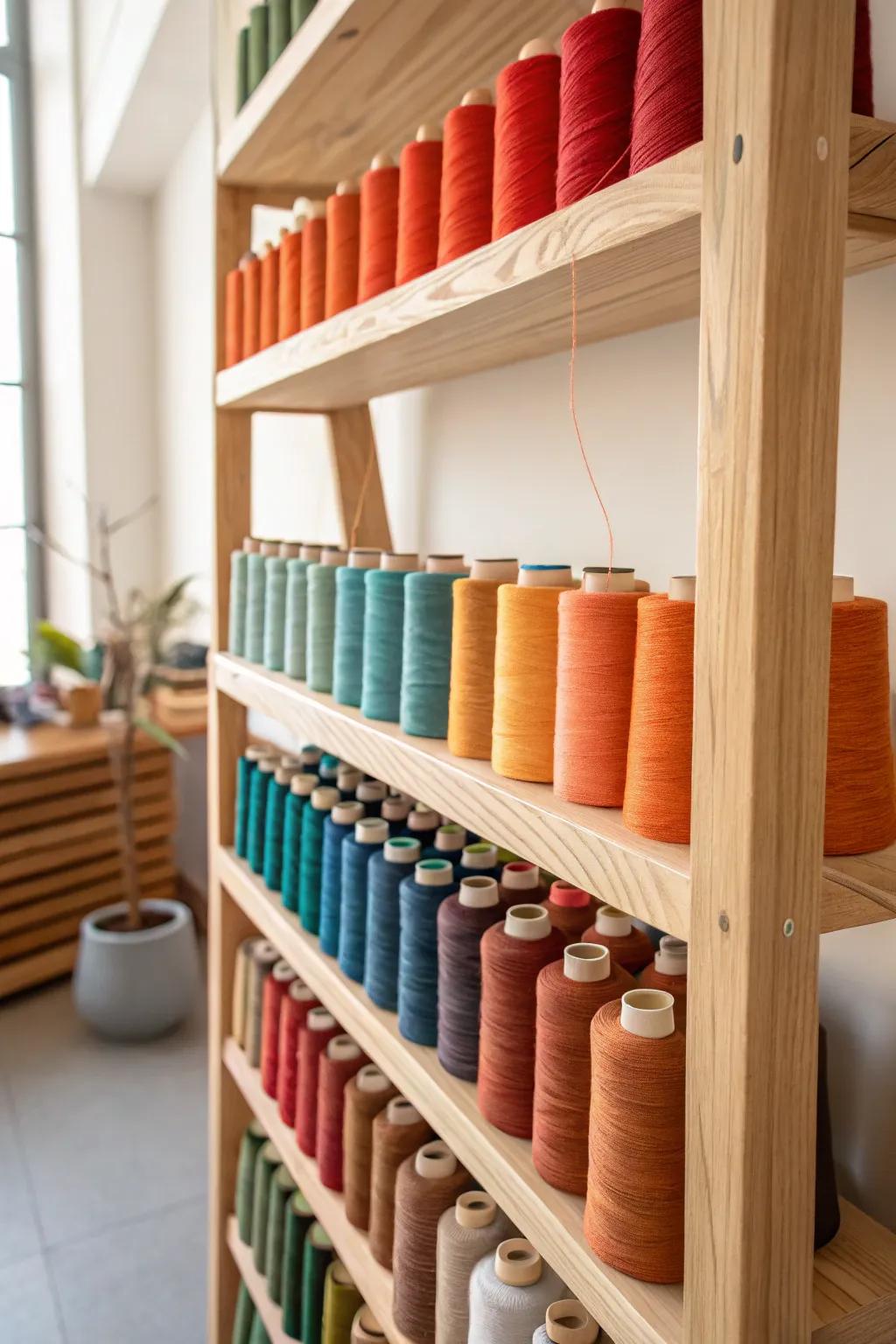 Transform your craft space into a stunning art display with a color-coded thread shelving unit.