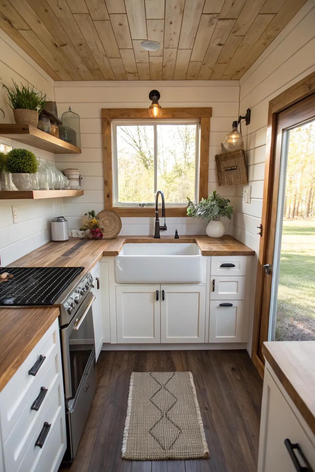 A rustic farmhouse sink adding charm to a tiny house kitchen.