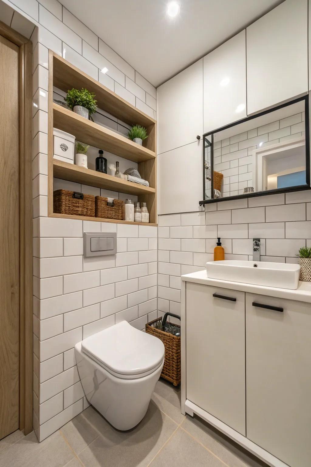 Efficient storage solutions with floating shelves in a toilet room.
