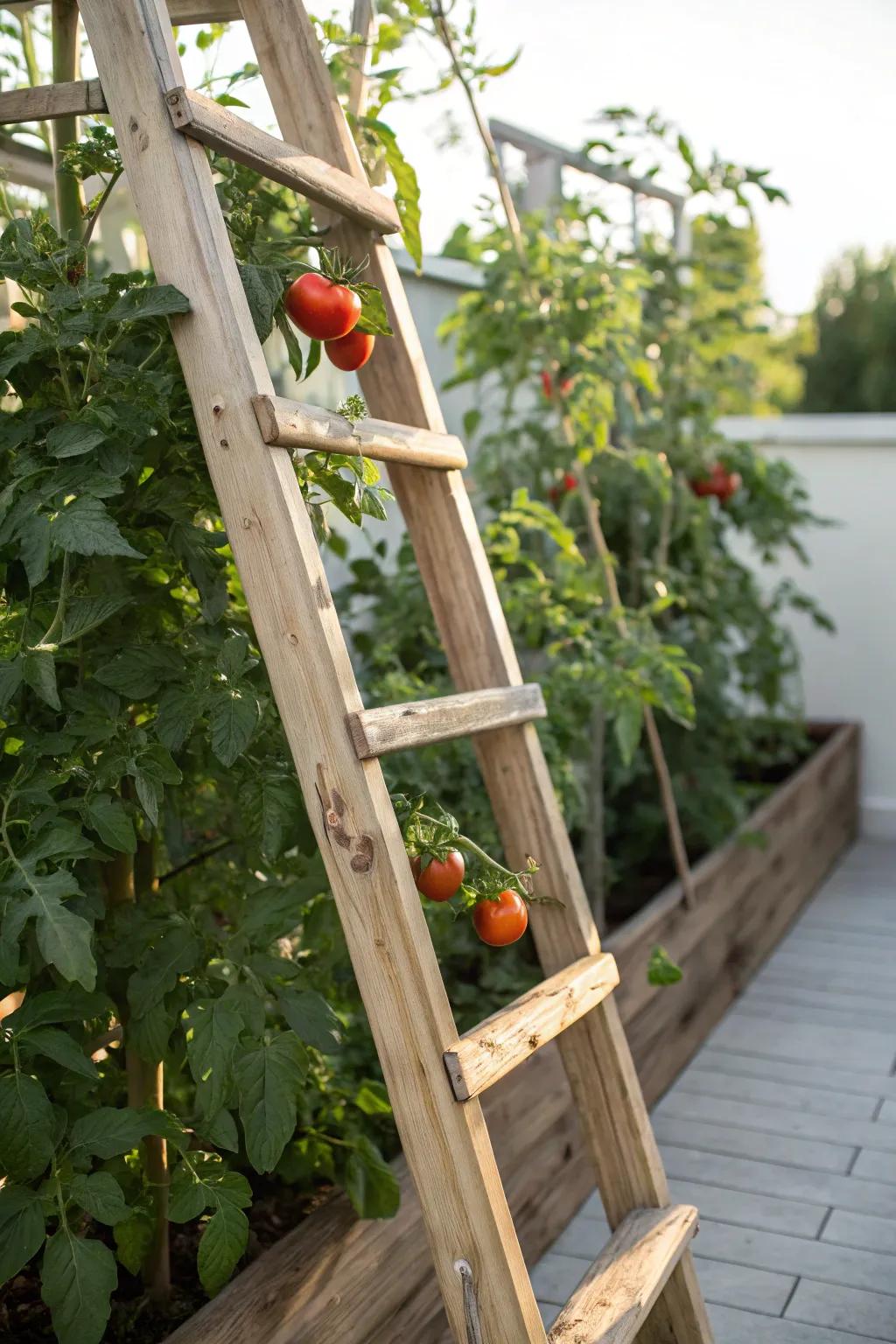 Elevate your garden with a rustic wooden ladder trellis, where sustainability meets style. 🍅✨