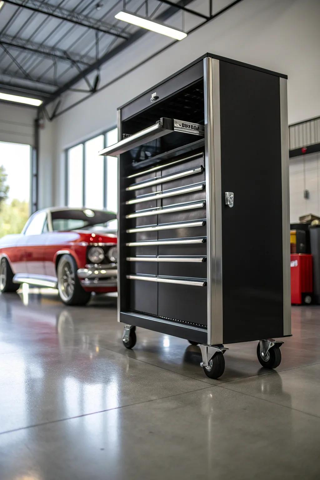 Transform your garage into a mobile workshop with a stylish rolling tool cabinet.