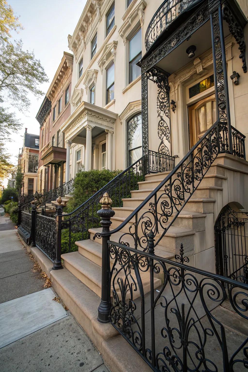 Ornate wrought iron railings bring timeless elegance to this staircase.
