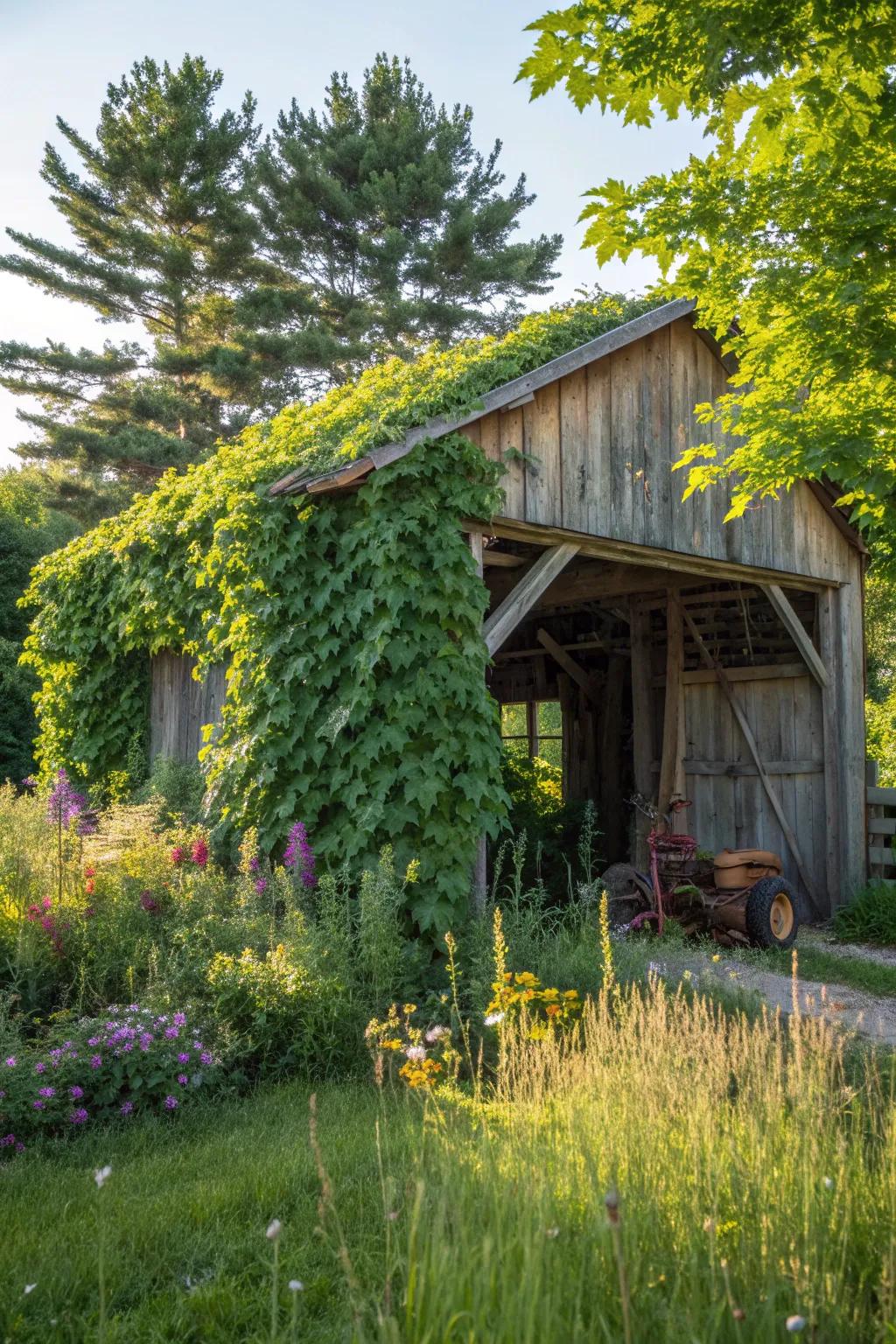 Discover the allure of nature's embrace with a vine-clad tractor shed, your hidden garden retreat.