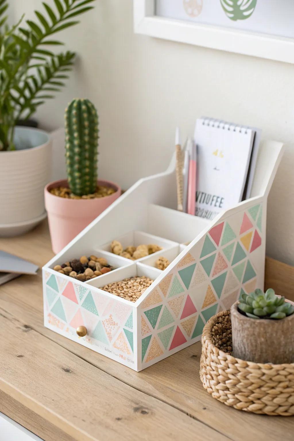 Transform cereal boxes into chic organizers for a stylish and personalized study space.
