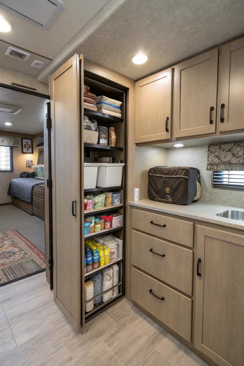 A travel trailer showcasing clever storage solutions, maximizing space and organization.