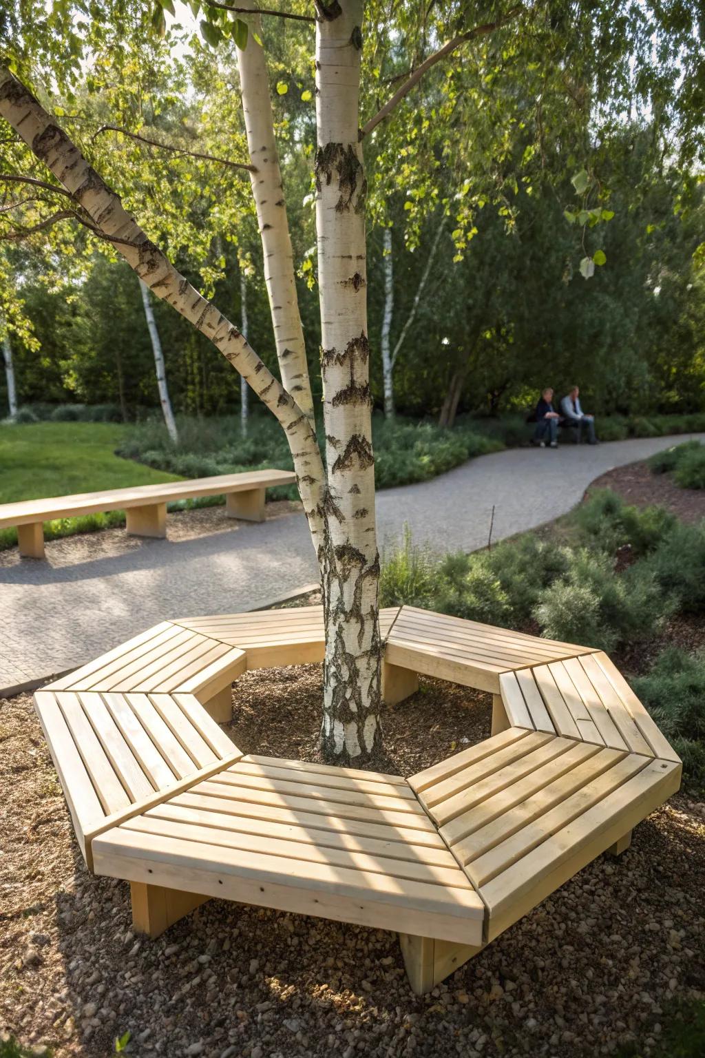 Embrace nature with a touch of geometry - this hexagonal bench is a garden's harmonious centerpiece.