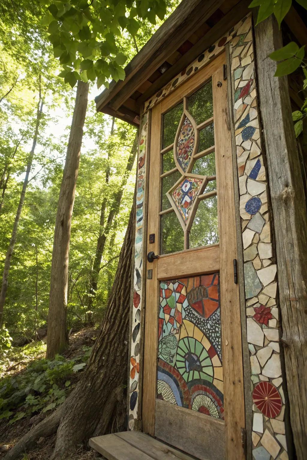 Unlock your creativity with a mosaic masterpiece: the ultimate treehouse door transformation.