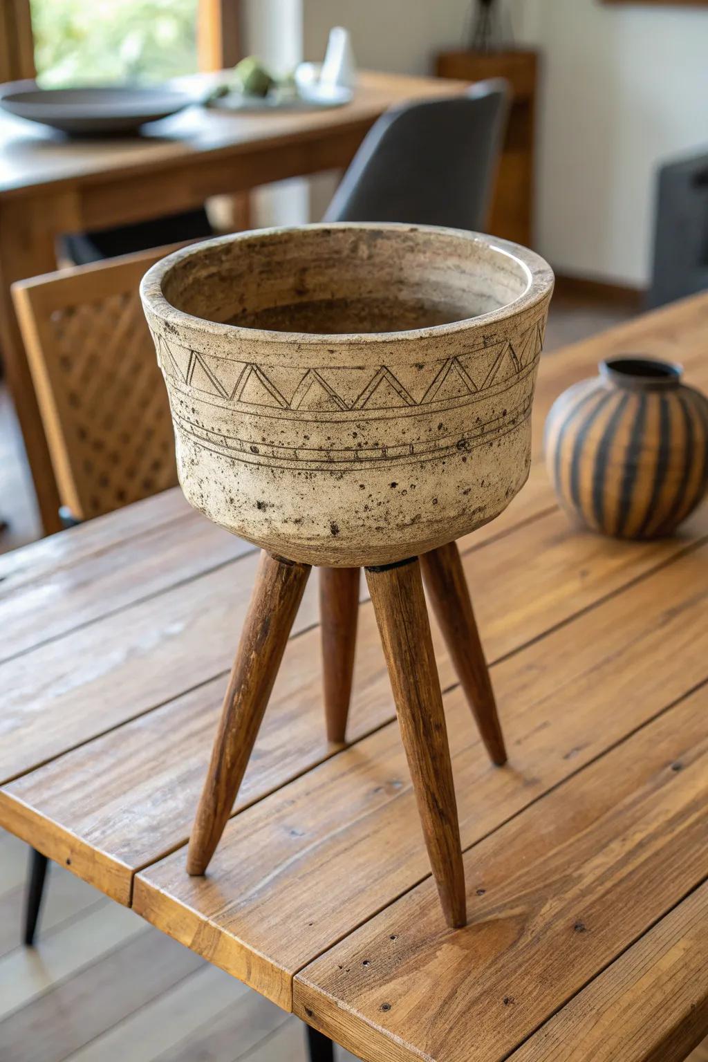 Handmade elements in tripod vessels showcase artisanal charm.