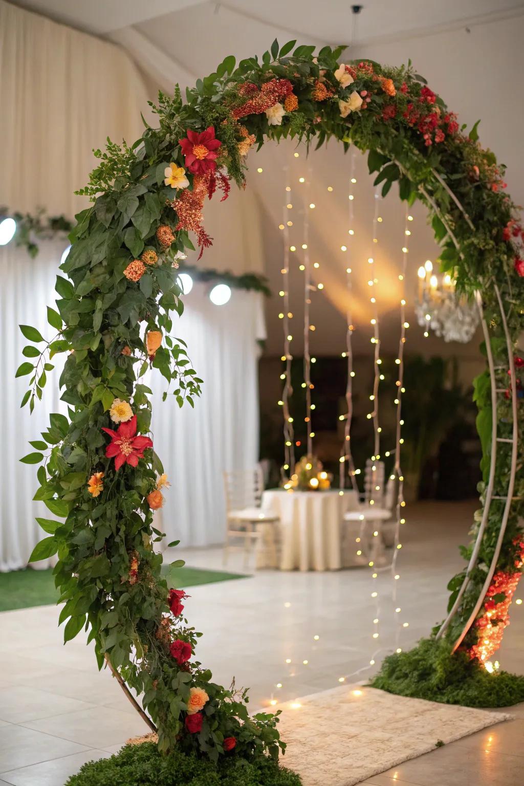 A circular arch adorned with flowers and lights, symbolizing eternal love.