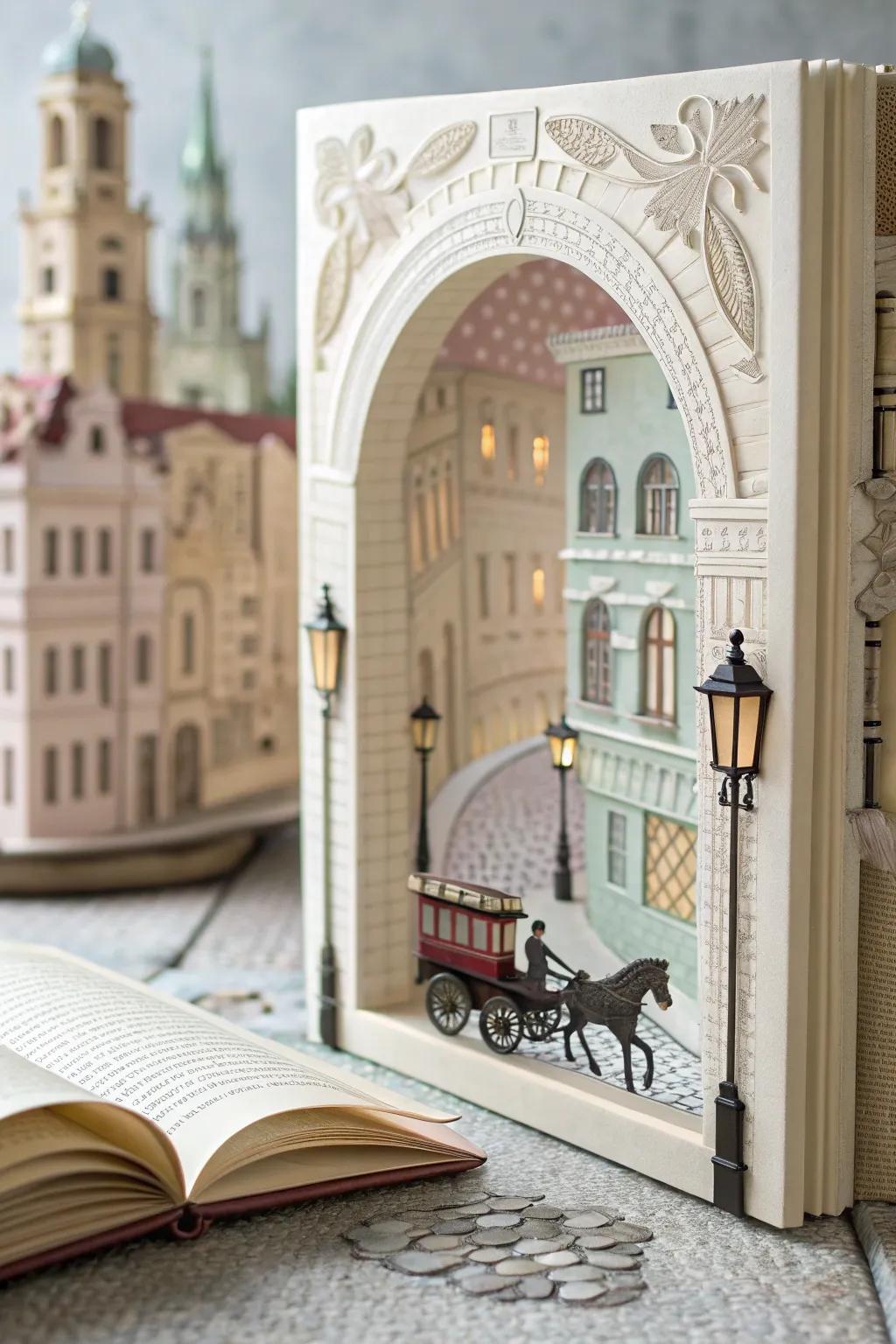 Step into a miniature world of vintage charm with this exquisite tunnel book cityscape.
