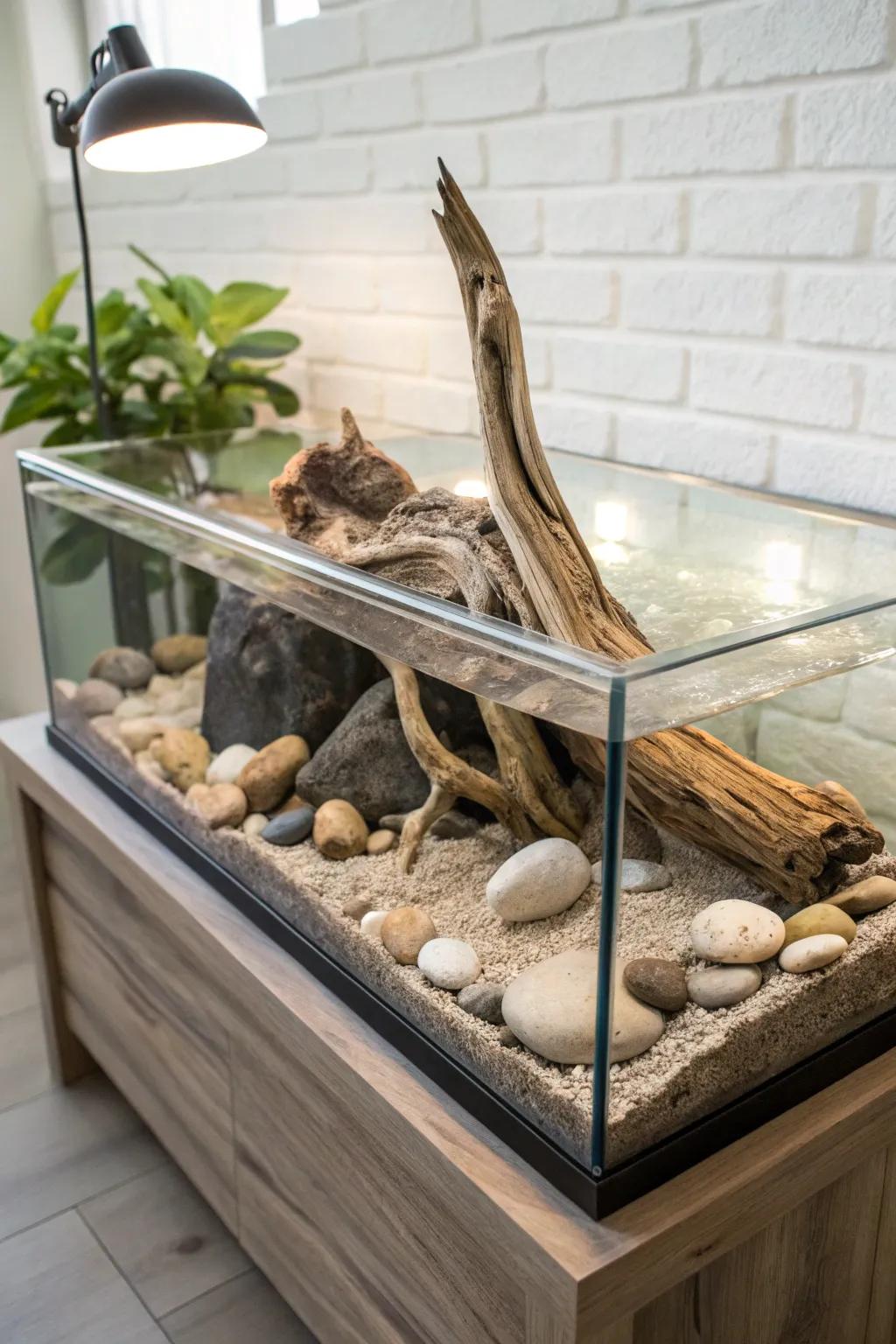 Transform your turtle tank into a decorative delight with rustic driftwood and natural stones. Embrace simplicity and elegance.