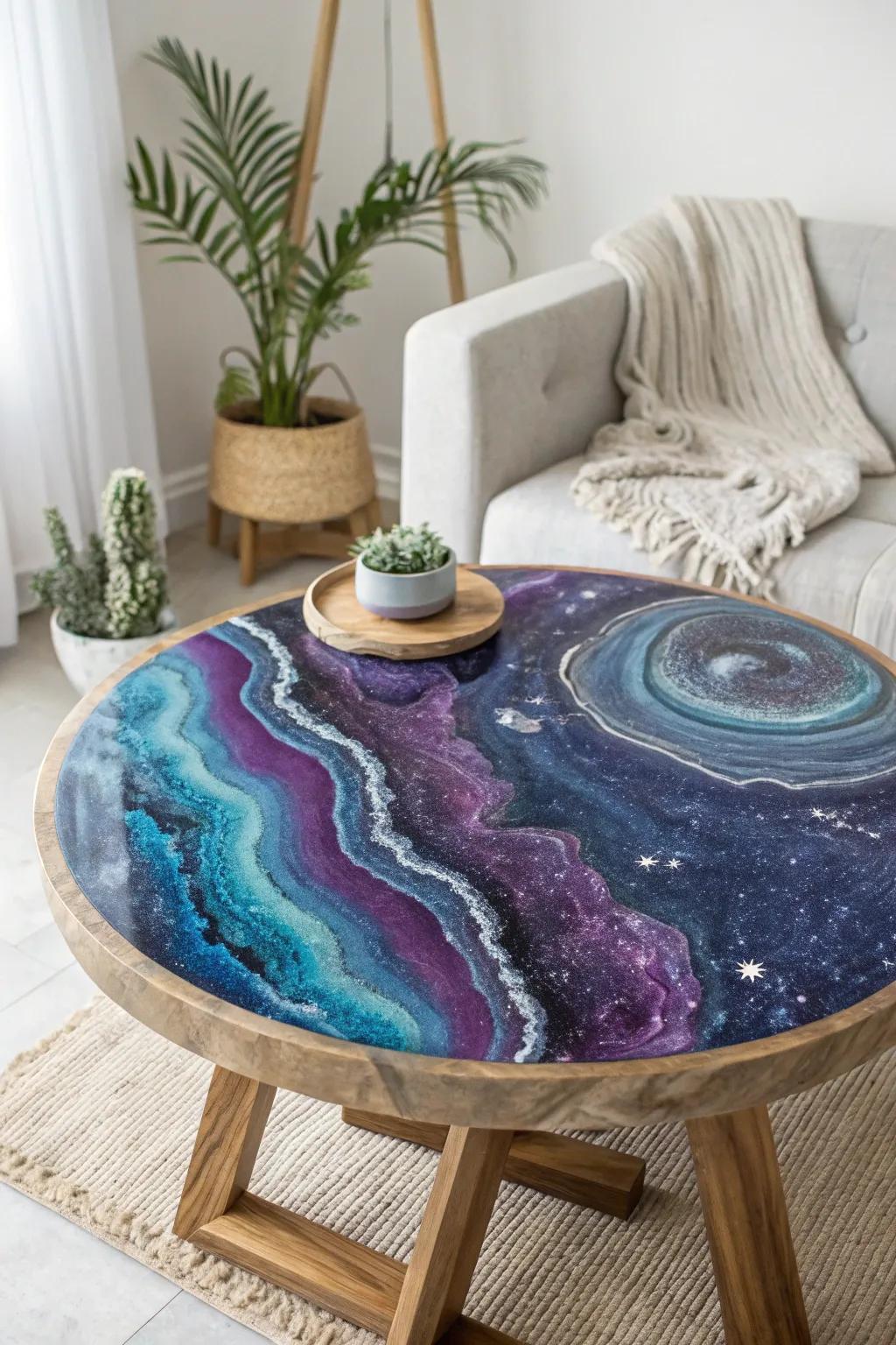Discover the hidden beauty of geodes with this exquisite epoxy table top, where artistry meets nature.