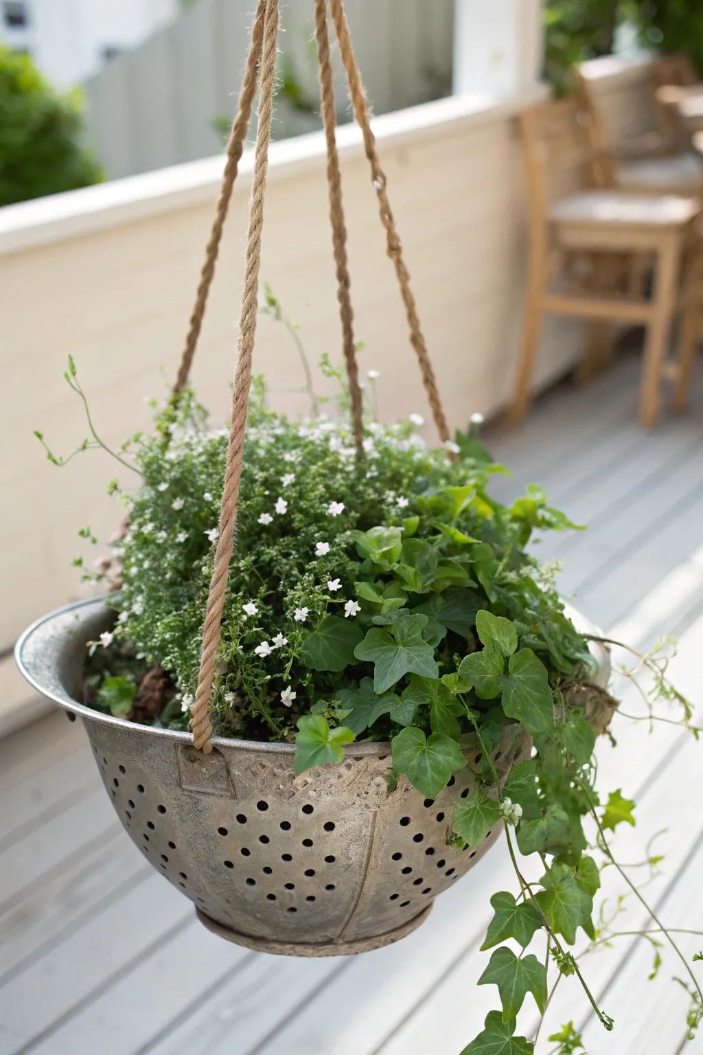 Transform your garden with this charming colander hanging basket—where functionality meets minimalist beauty.
