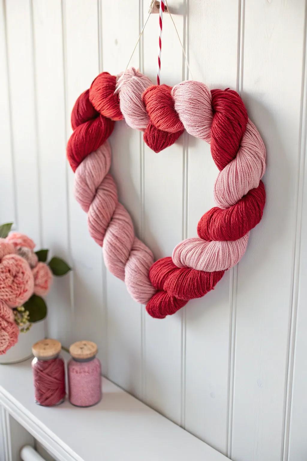 Embrace simplicity with a beautifully crafted yarn-wrapped Valentine wreath.