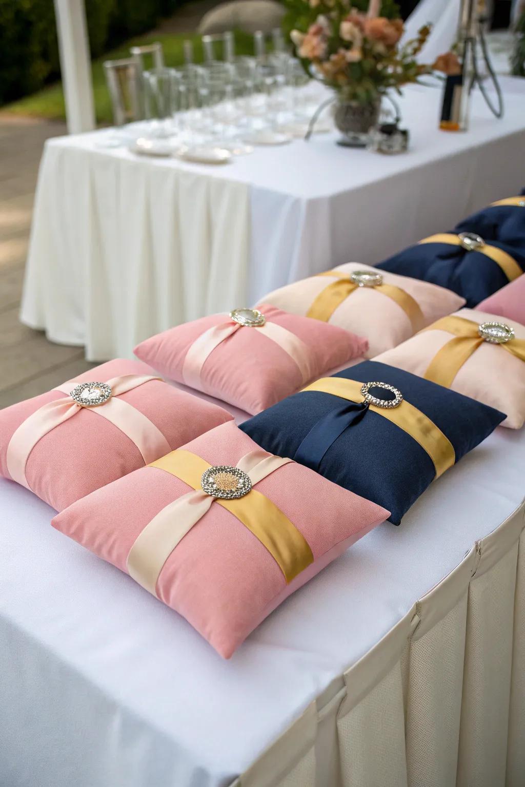 Colorful wedding ring pillows matching wedding themes.