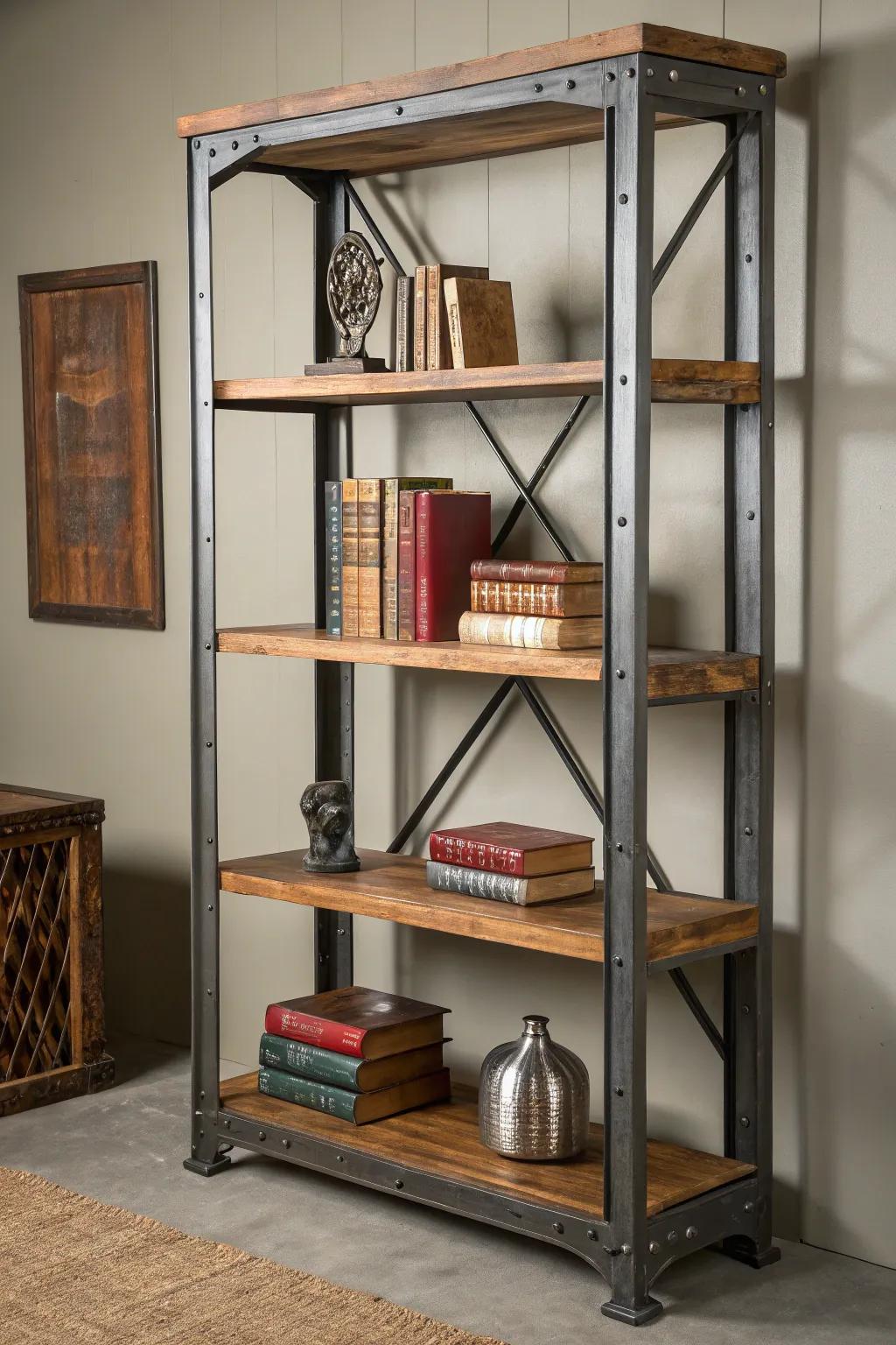 Elevate your space with this sleek industrial bookshelf, where rugged metal meets elegant wood.