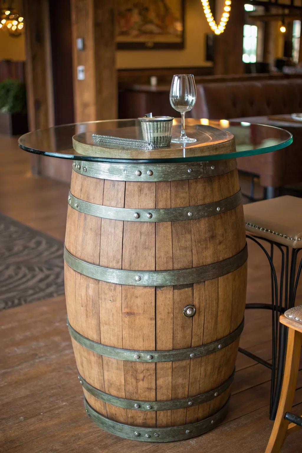 Elevate your entertaining space with a rustic yet refined wine barrel bar table.