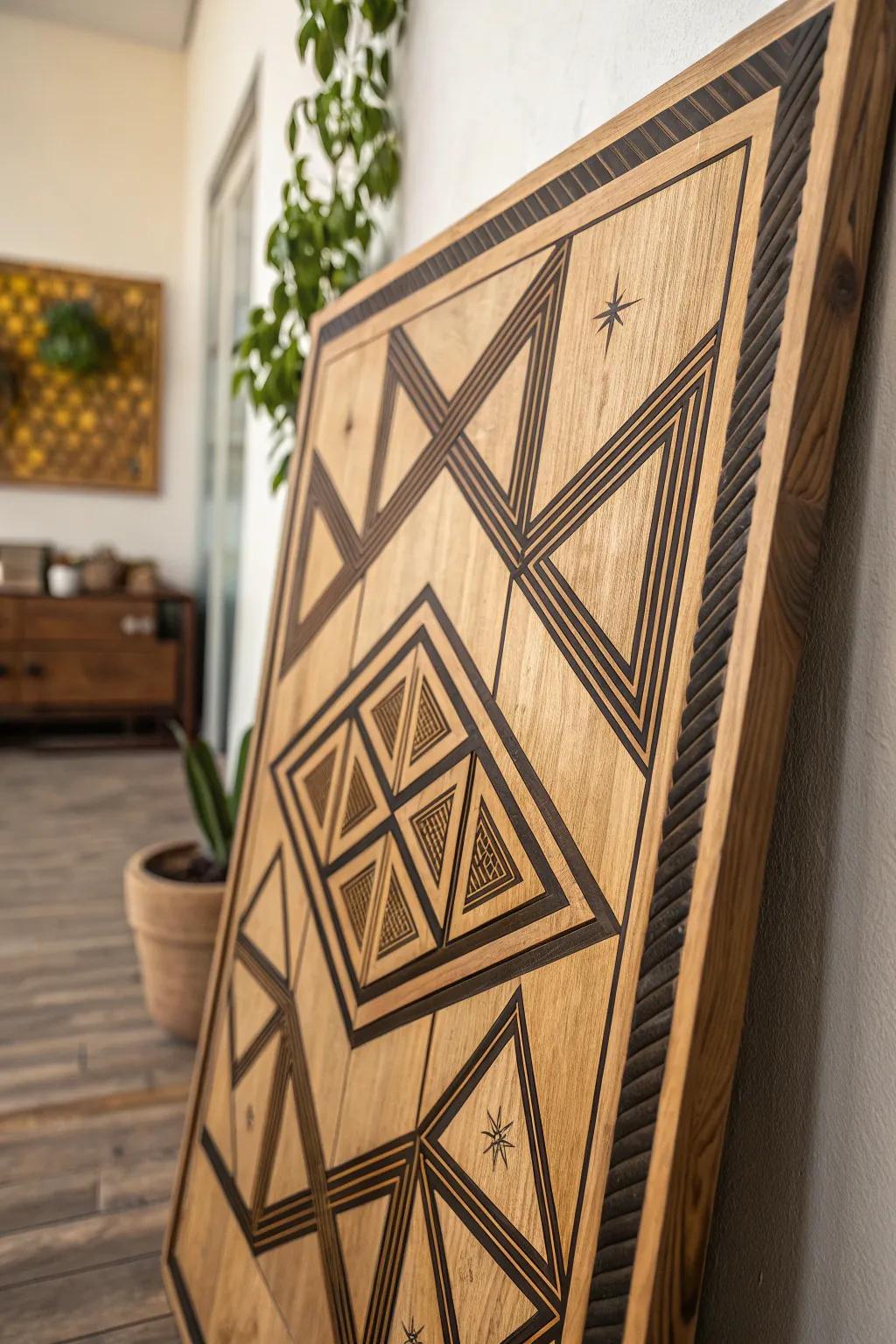 Elevate your space with the sophistication of geometric wood burning designs.