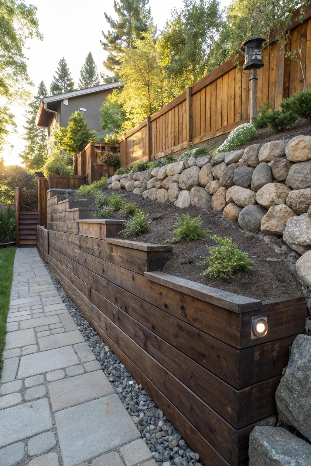 Elevate your backyard with the perfect blend of wood and stone for a touch of rustic elegance.