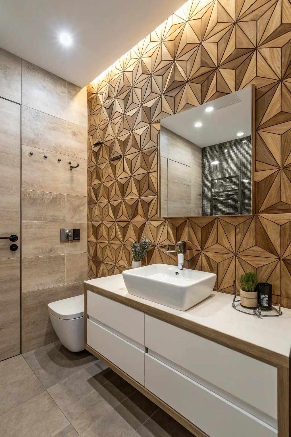 An artistic touch with geometric wood tiles in a modern bathroom.