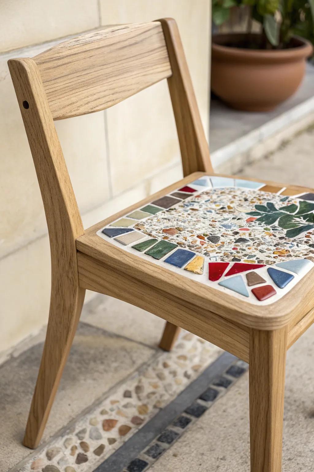 Transform your space with this stunning upcycled wooden chair featuring an artistic mosaic seat. Perfect for those who appreciate craftsmanship and creativity.