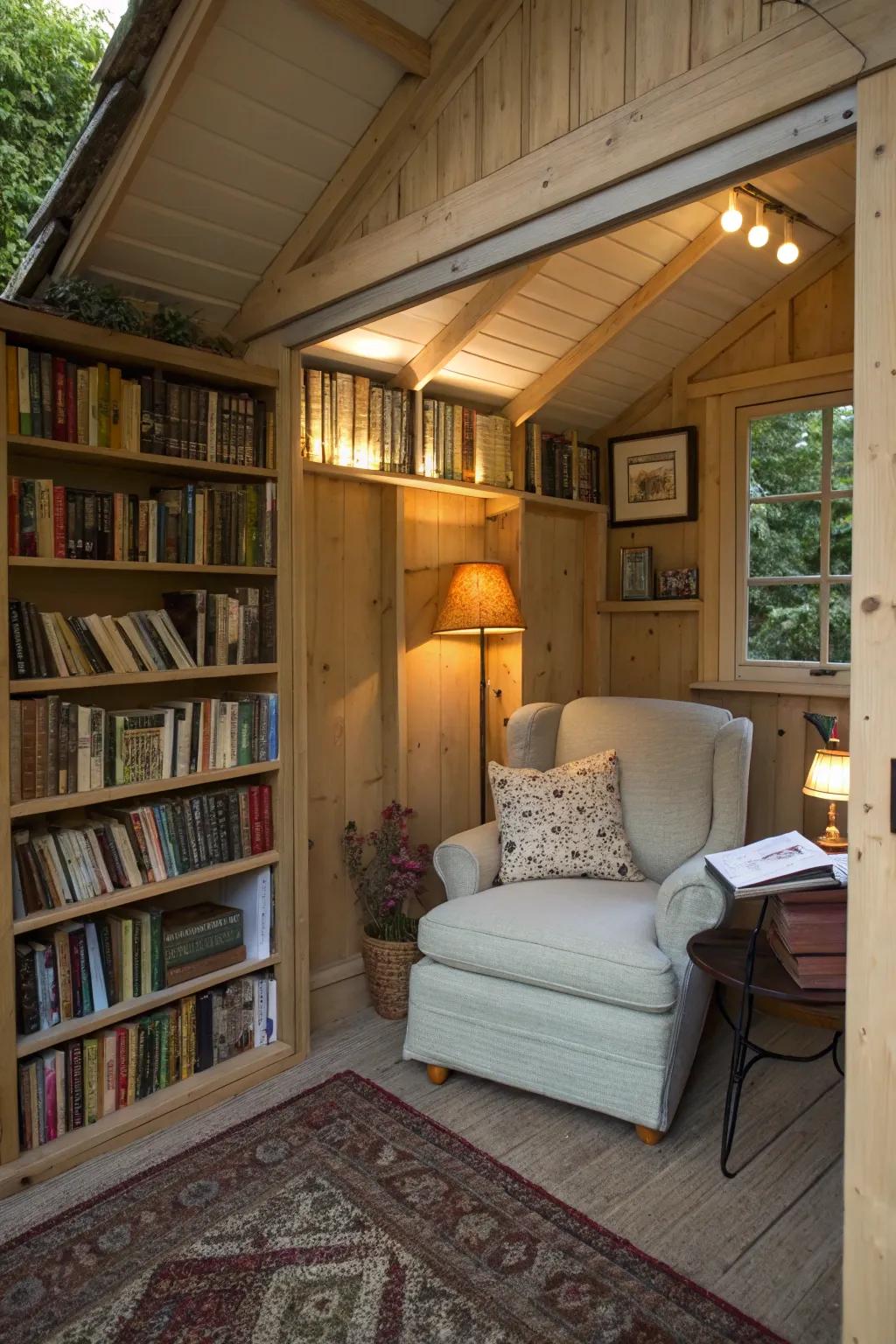 A writing shed with a snug reading nook, perfect for literary inspiration.