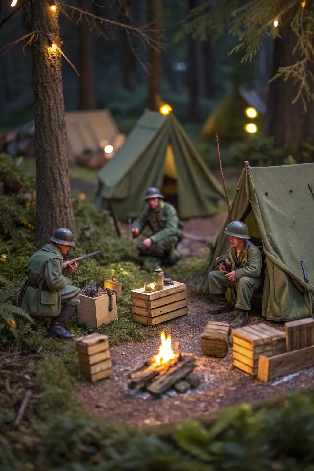 Step into the serene moments of WWII with a captivating camp life diorama, where history rests quietly.