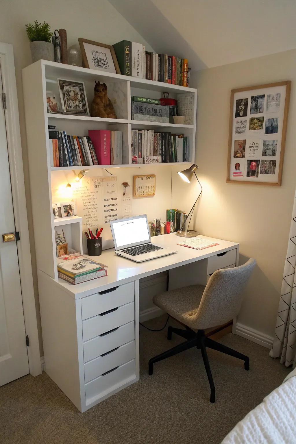 A corner workspace allows for productivity in small spaces.