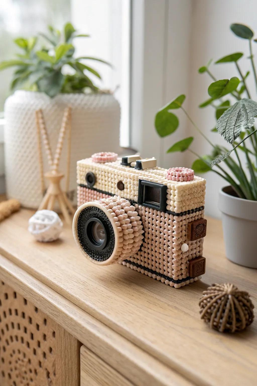 Capture the charm of yesteryear with this 3D Perler bead retro camera, a perfect blend of minimalism and nostalgia.