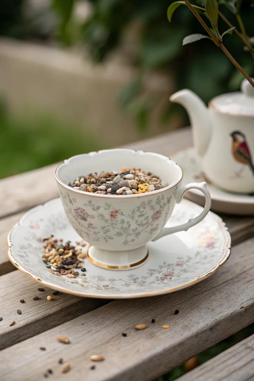 Elevate your garden with this charming tea cup bird feeder—where elegance meets nature in perfect harmony.