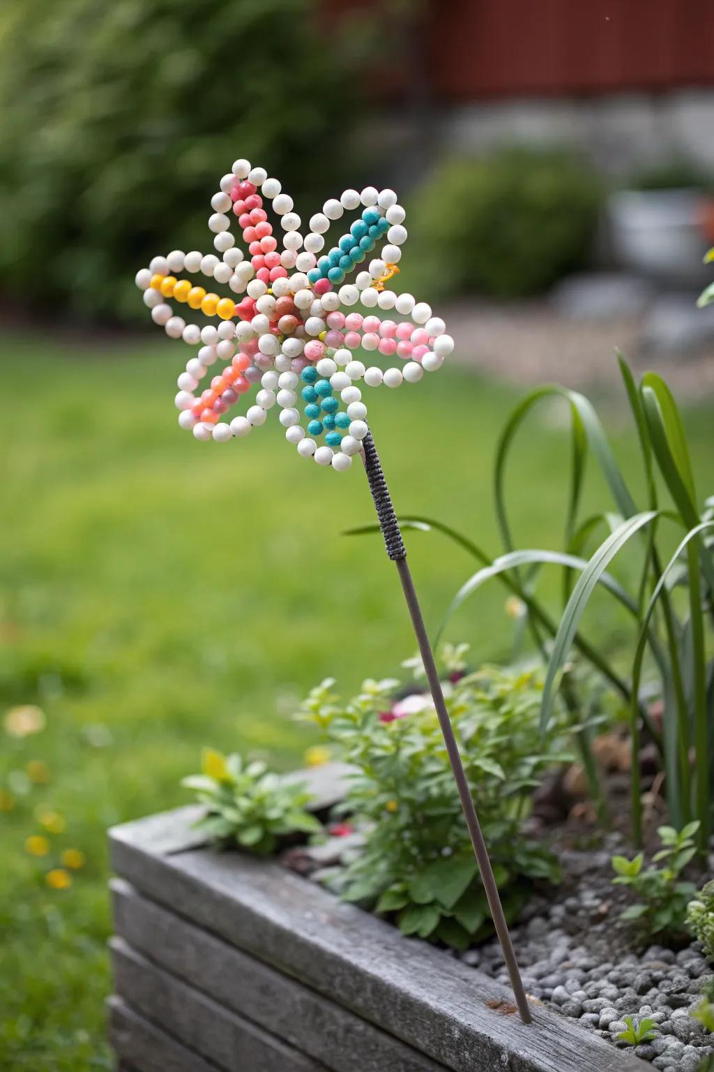 Transform your garden with whimsical perler bead stakes - where simplicity meets vibrant charm.