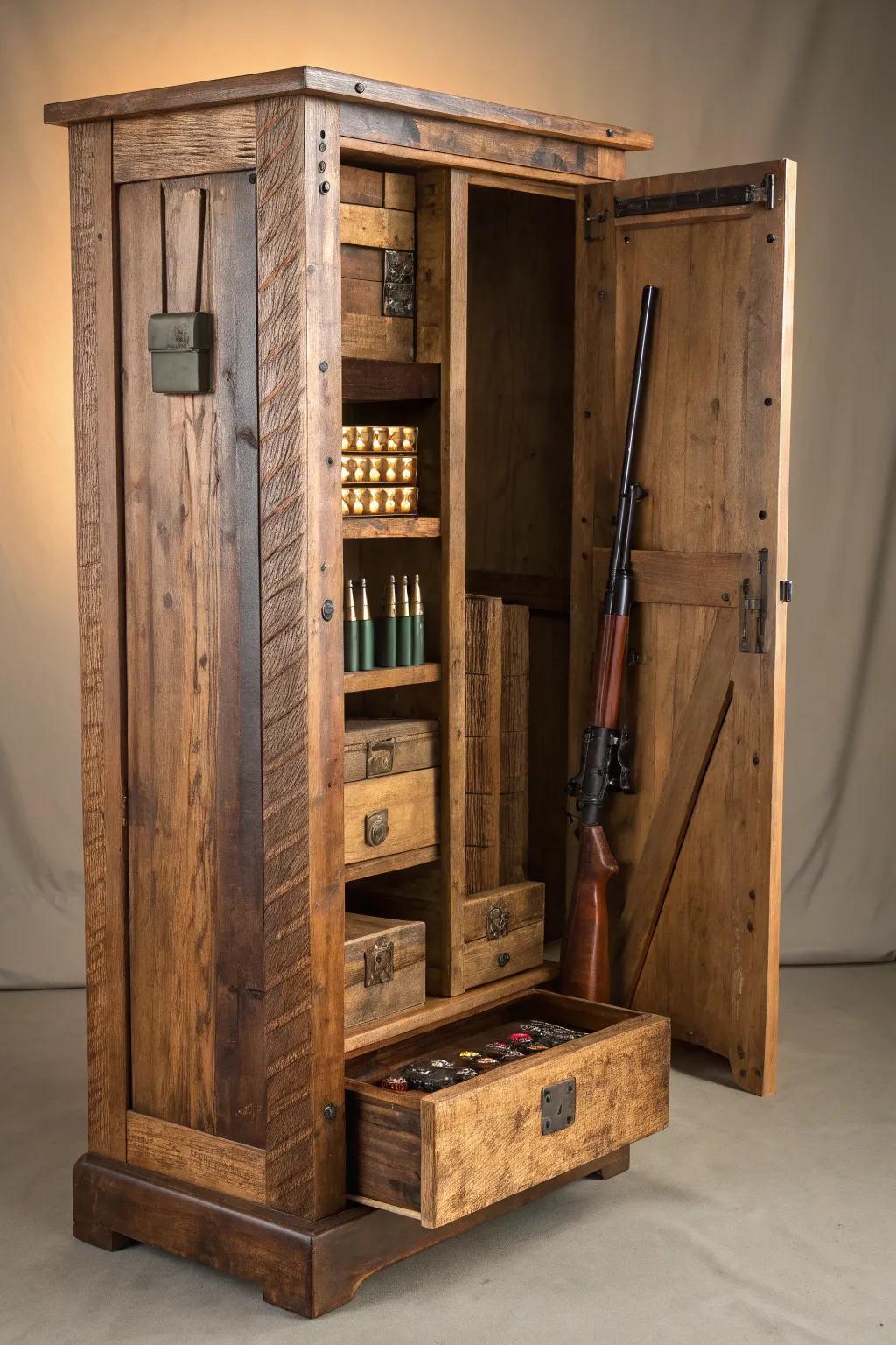 Elevate your space with a handcrafted rustic wooden ammo cabinet, blending functionality with timeless style.